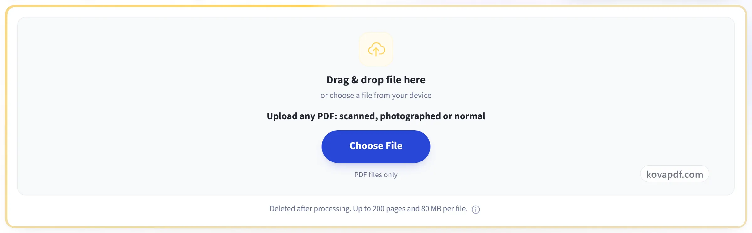 The OCR PDF tool upload panel