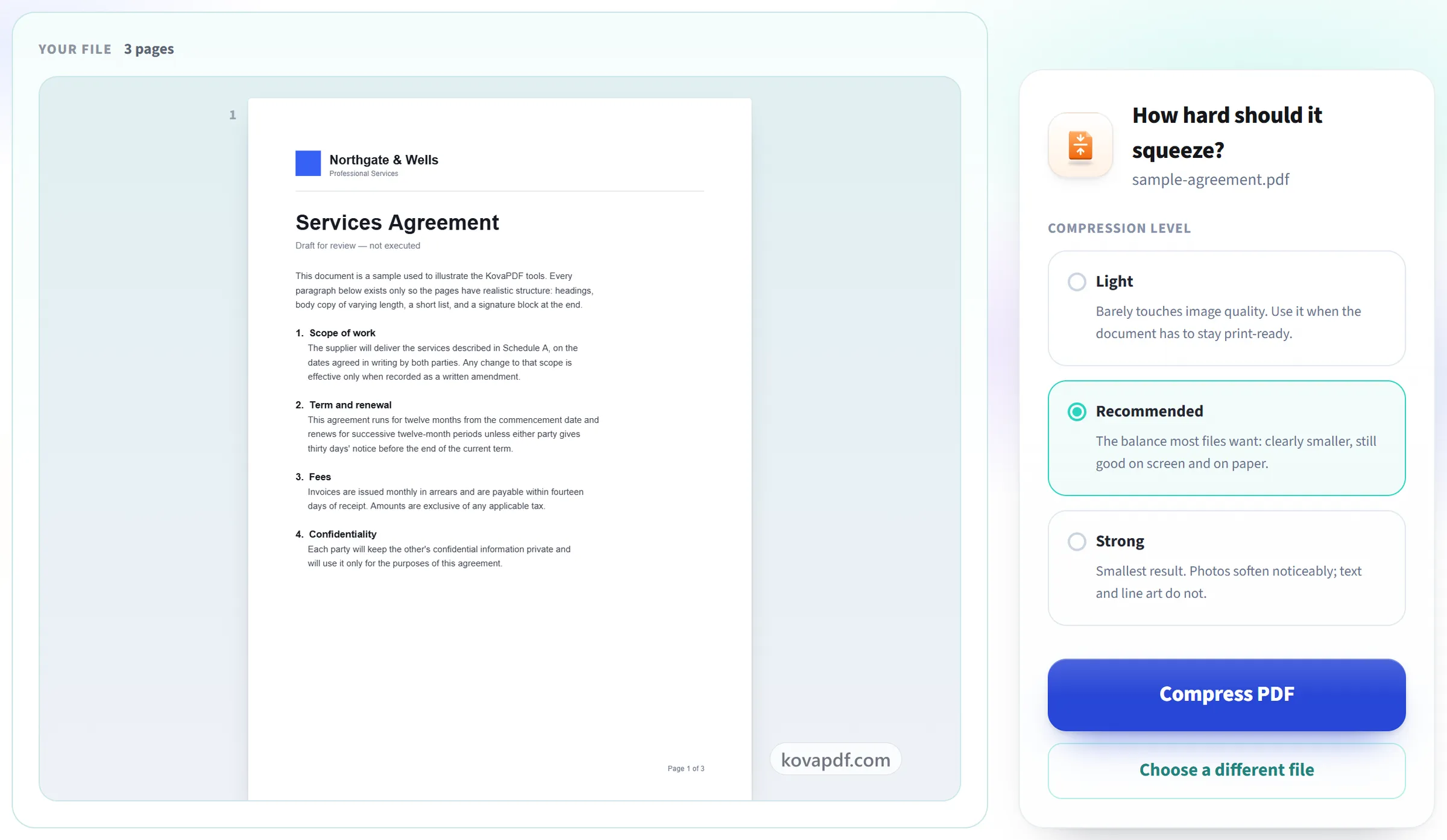 The Compress PDF screen with the file selected and ready to compress