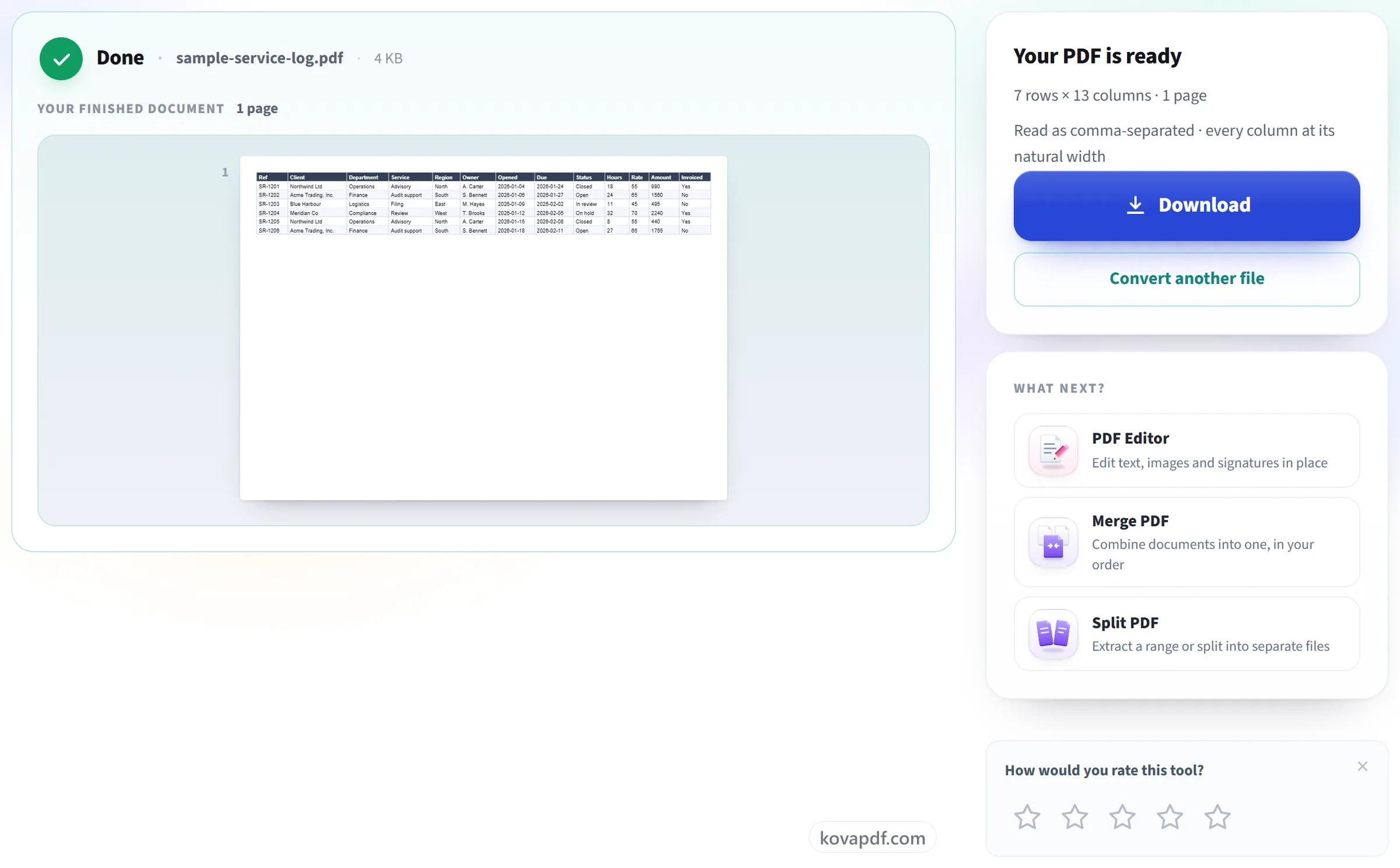 The CSV to PDF result screen with the finished PDF ready to download