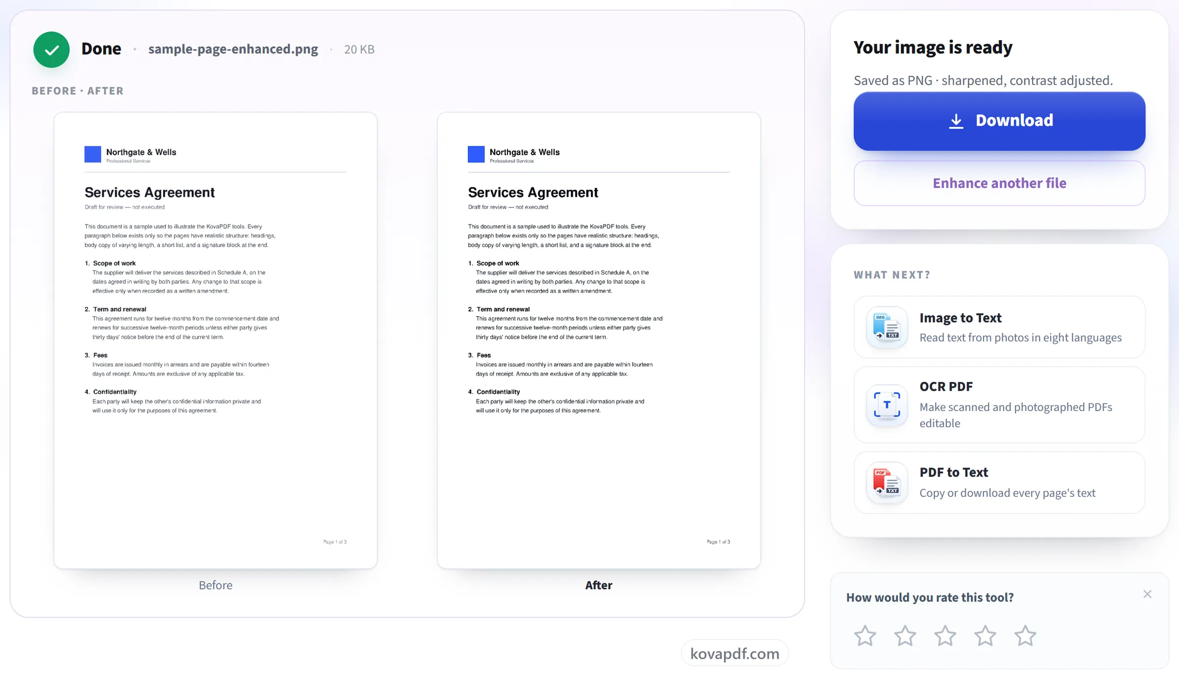 The Enhance PDF screen with the enhanced document ready to download