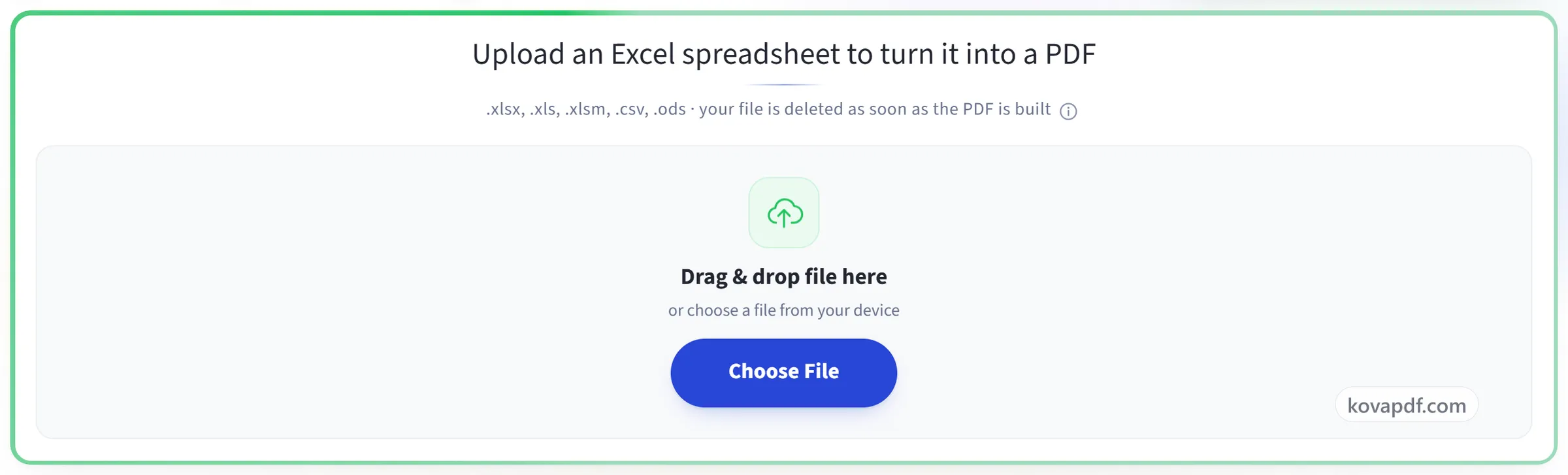 The Excel to PDF upload panel