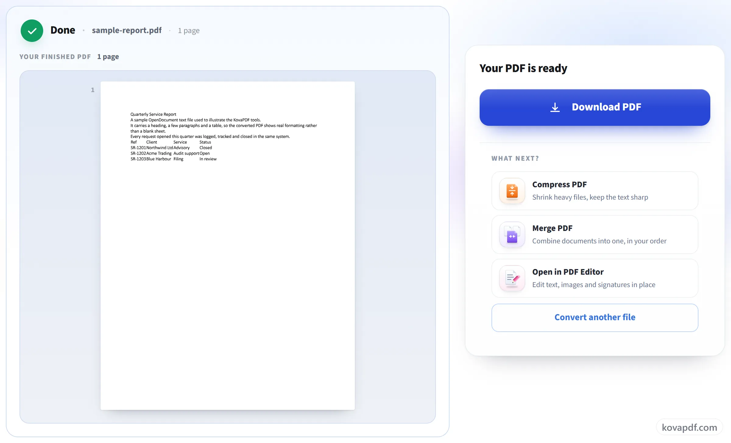 The ODT to PDF result screen with the finished PDF ready to download
