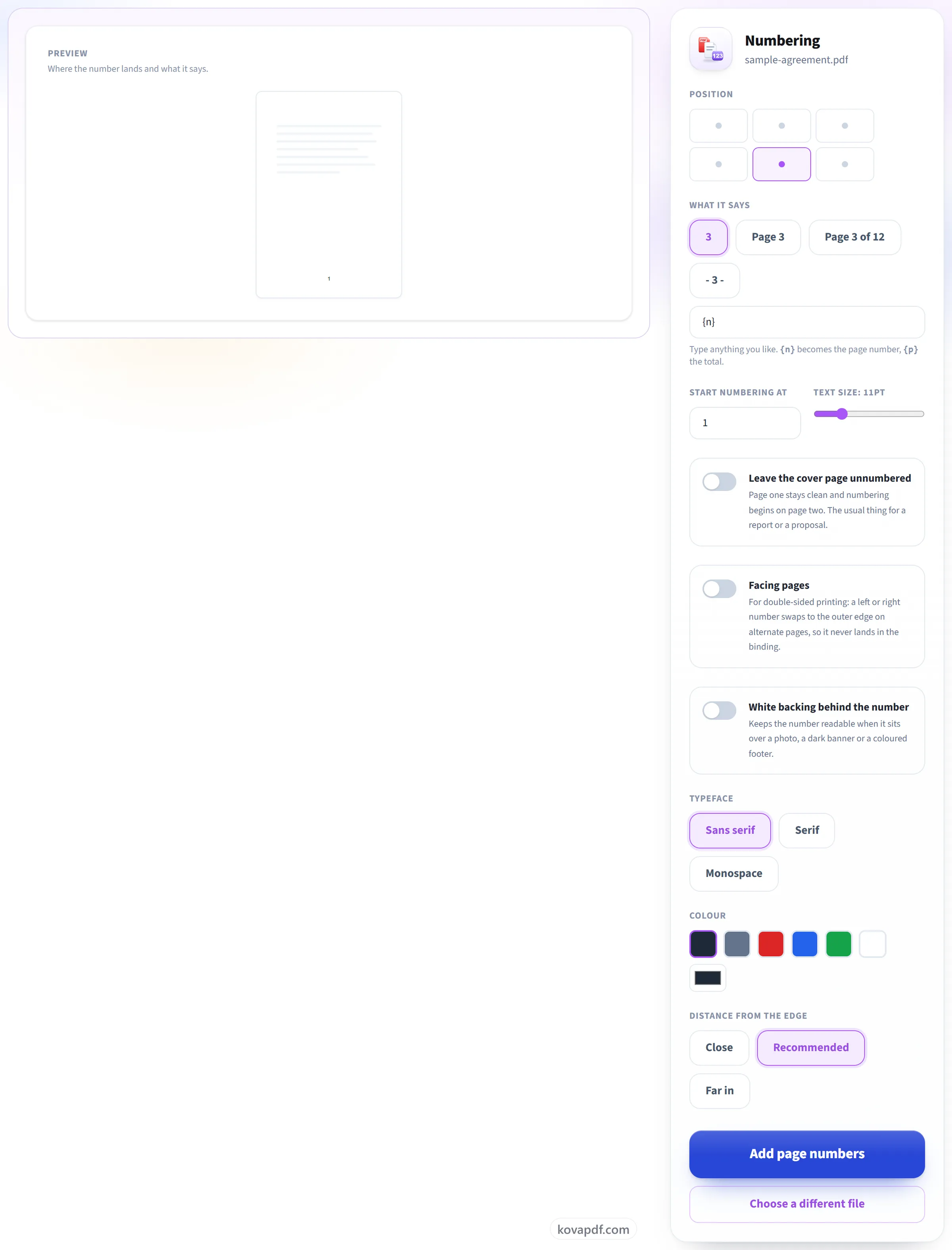 The Page Numbers screen with the live preview beside the position and format controls