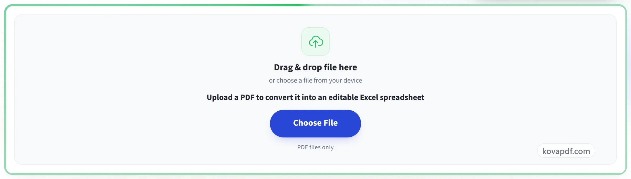 The PDF to Excel upload panel