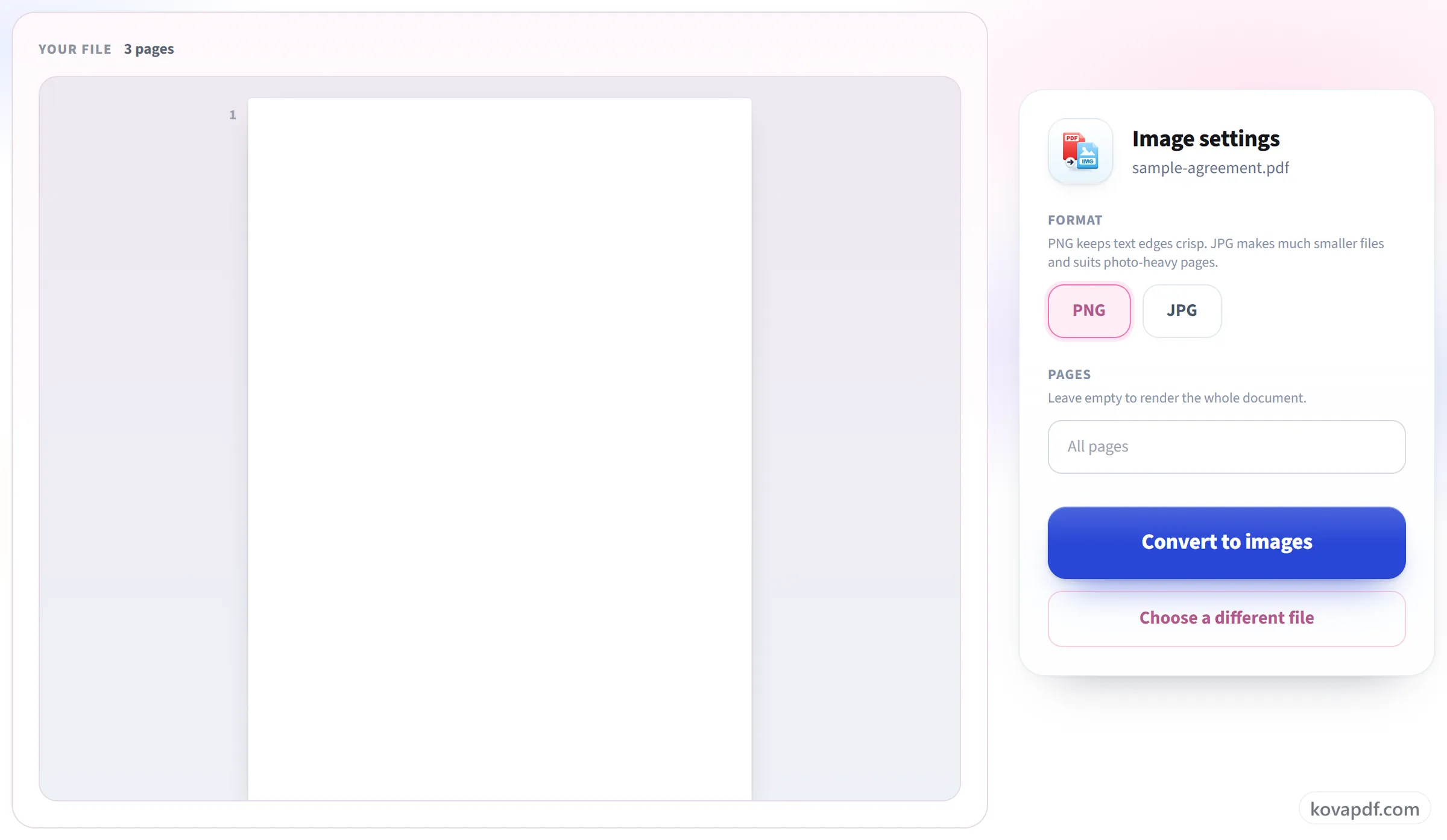 The PDF to Image screen with the output format options