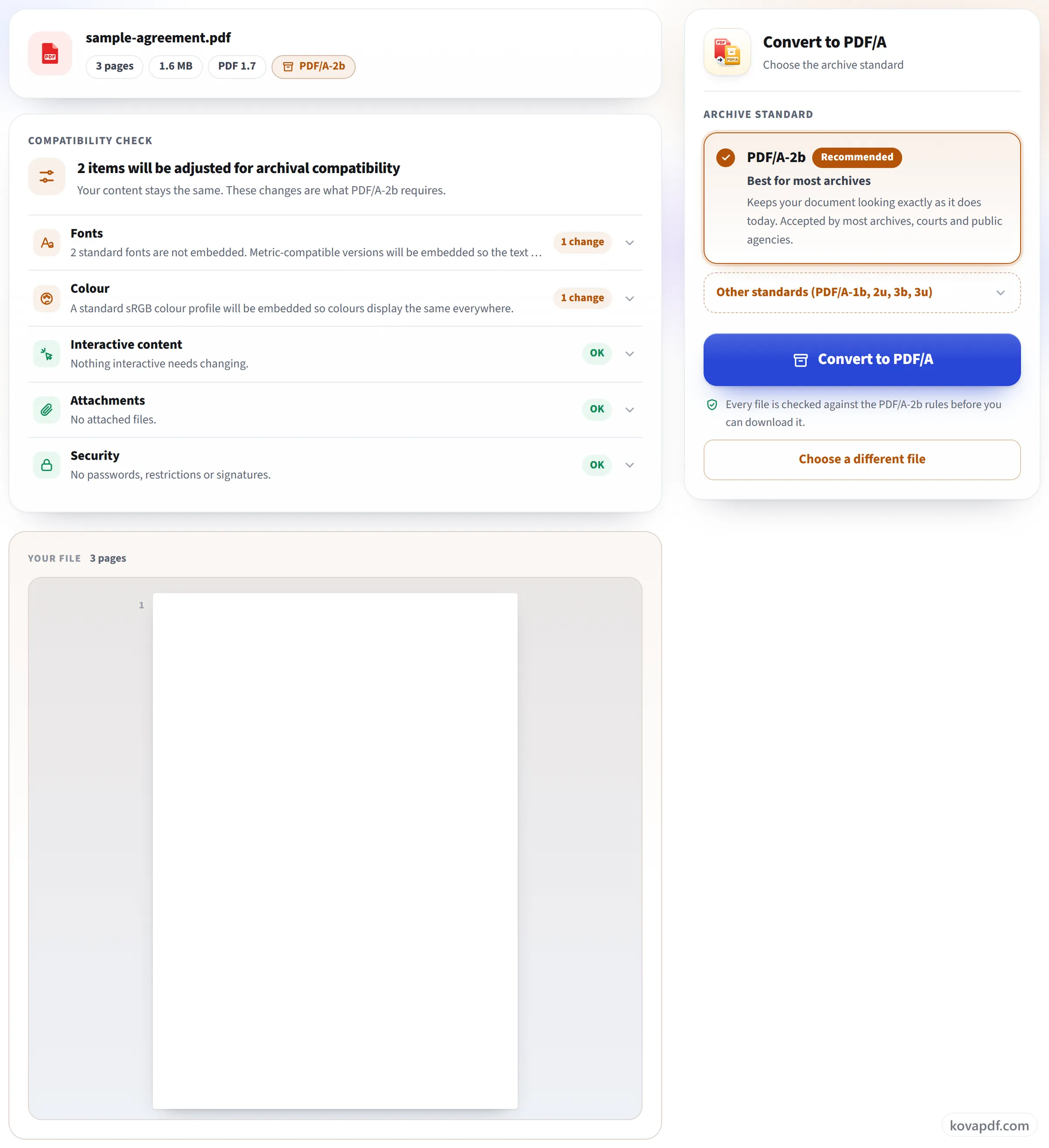 The PDF to PDF/A options screen with the compatibility check and the recommended standard