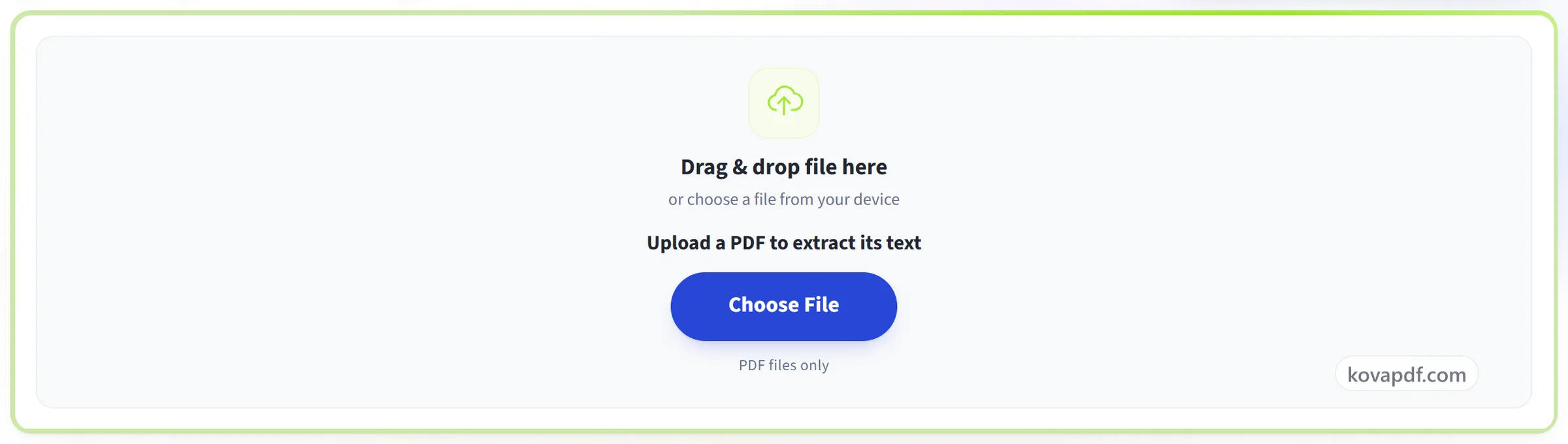 The PDF to Text upload panel with the language selector