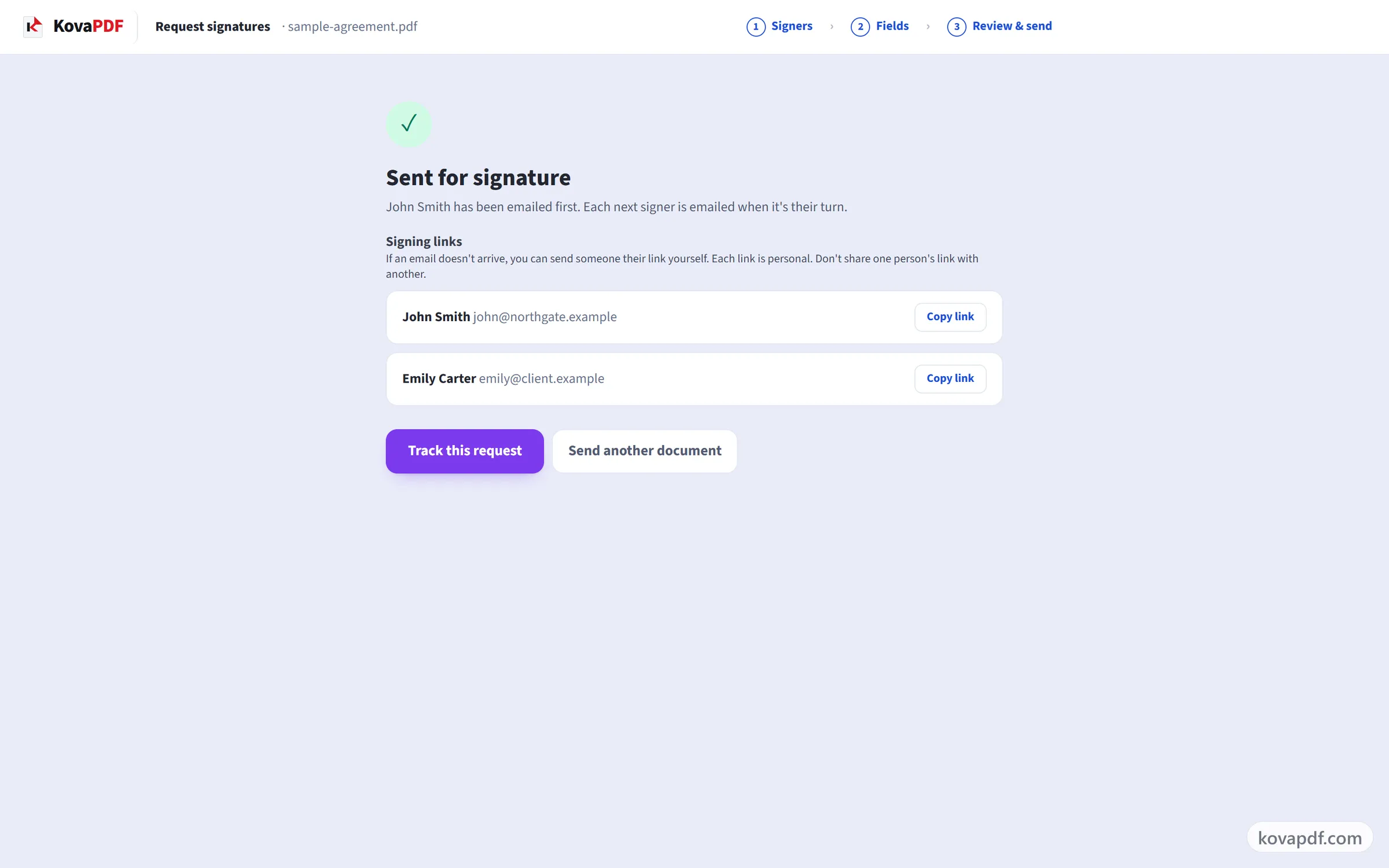 A sent signature request, with each signer's private link and a button to track it