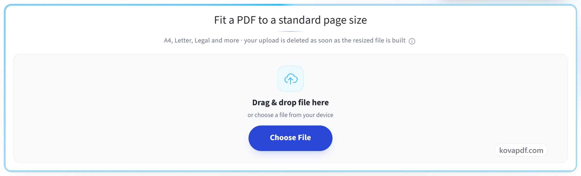 The Resize PDF upload panel