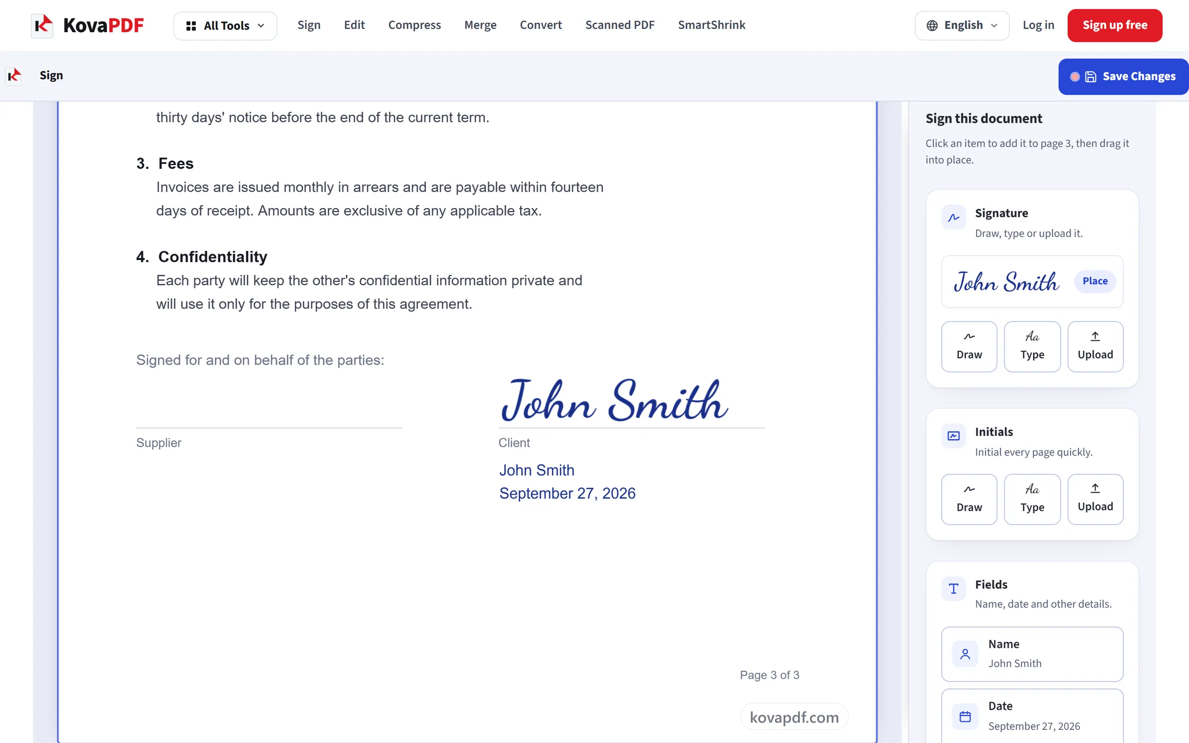 Drawing a signature and dragging it onto a page in Sign PDF