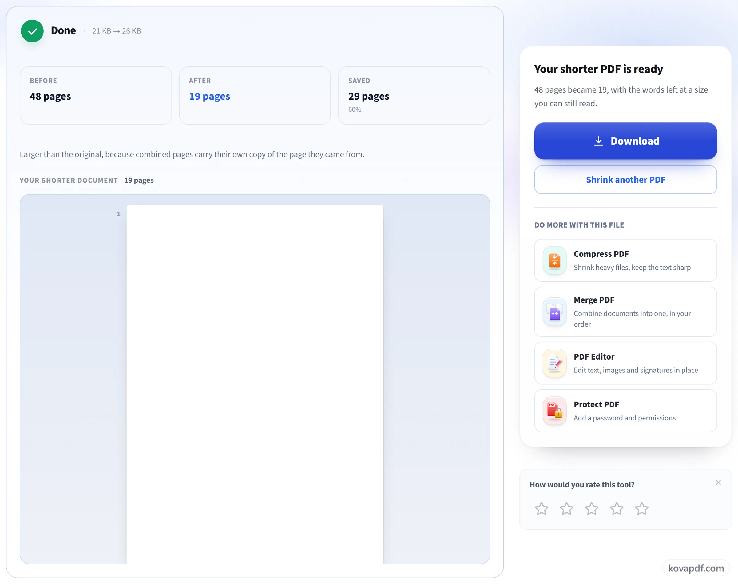 The SmartShrink result screen with the shortened PDF ready to download