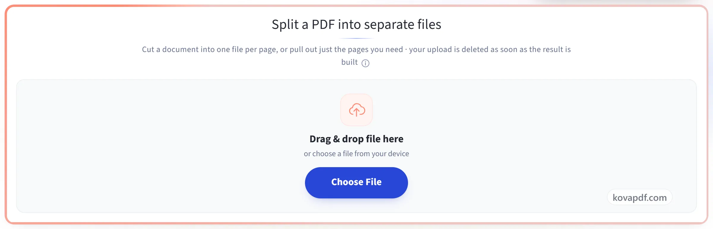 The Split PDF upload panel