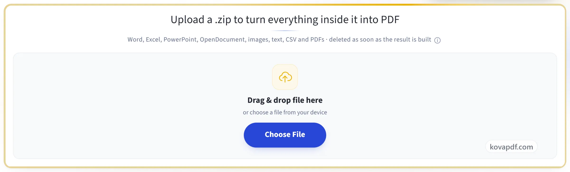 The ZIP to PDF upload panel